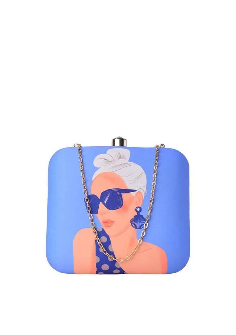 Blue Fabric Blue And Beige Printed Box Clutch - Indya
