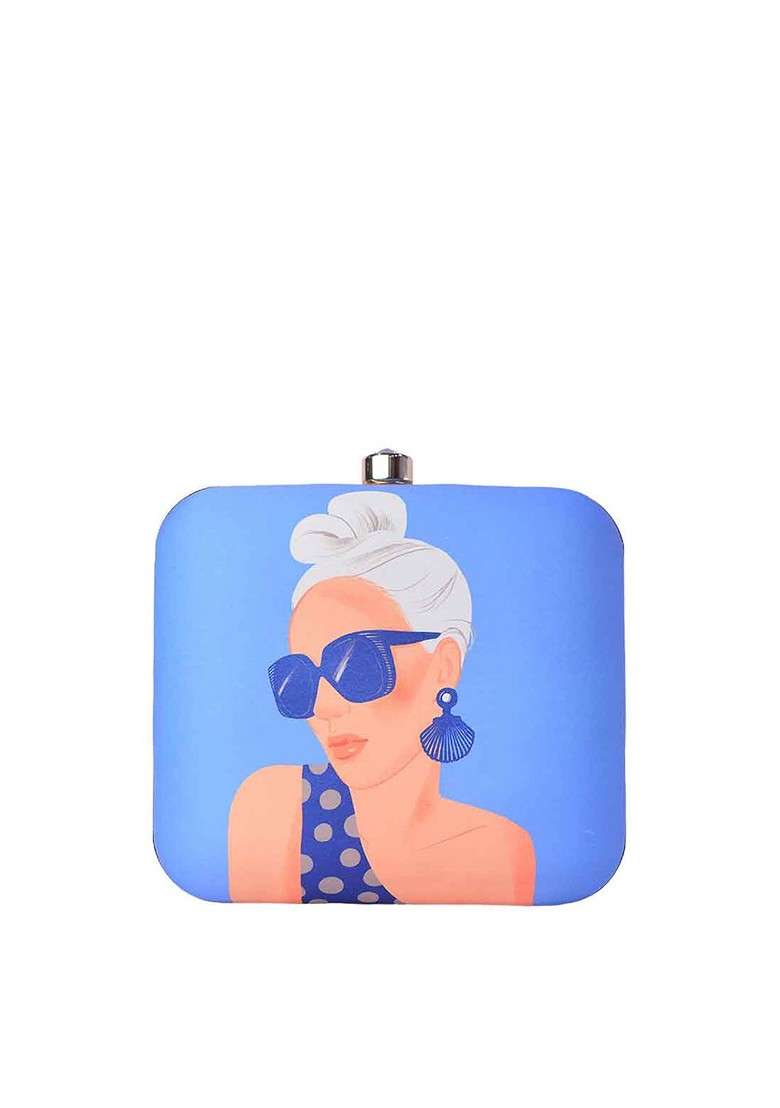 Blue Fabric Blue And Beige Printed Box Clutch - Indya