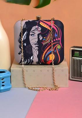 Grey Fabric Grey Printed Box Clutch
