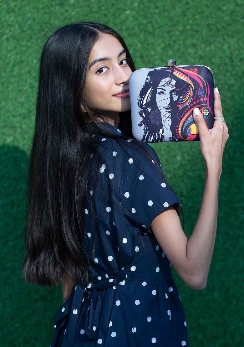 Grey Fabric Grey Printed Box Clutch - Indya