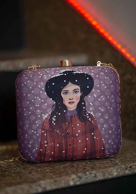 Purple Fabric Purple And Pink Printed Box Clutch