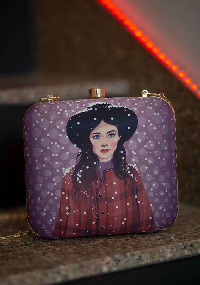 Purple Fabric Purple And Pink Printed Box Clutch - Indya
