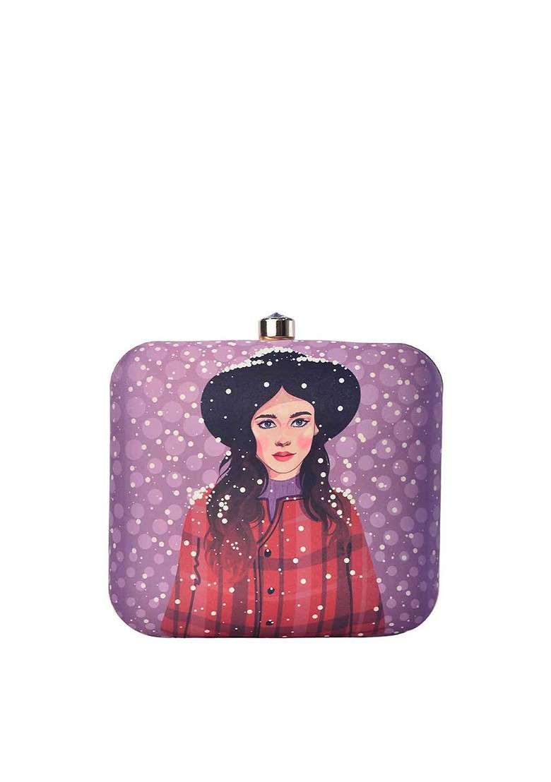 Purple Fabric Purple And Pink Printed Box Clutch - Indya