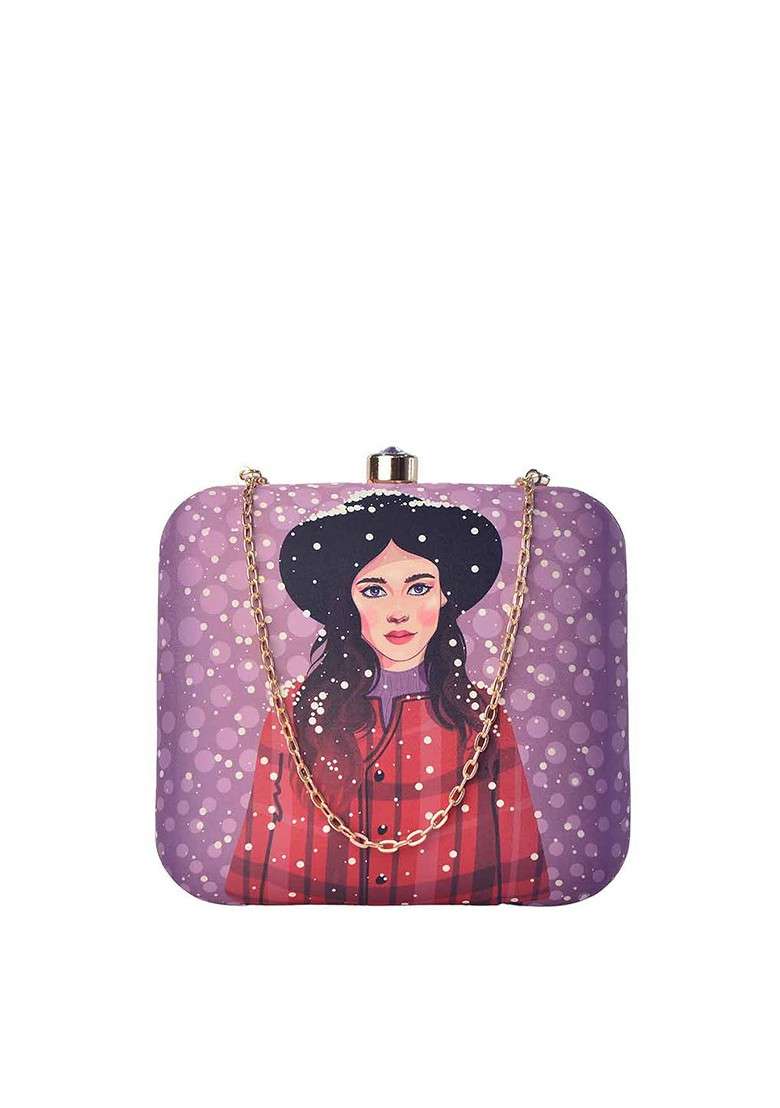 Purple Fabric Purple And Pink Printed Box Clutch - Indya