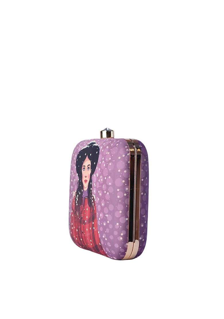 Purple Fabric Purple And Pink Printed Box Clutch - Indya