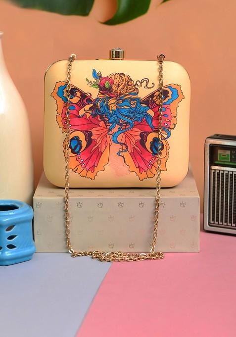 Yellow Fabric Yellow Printed Box Clutch