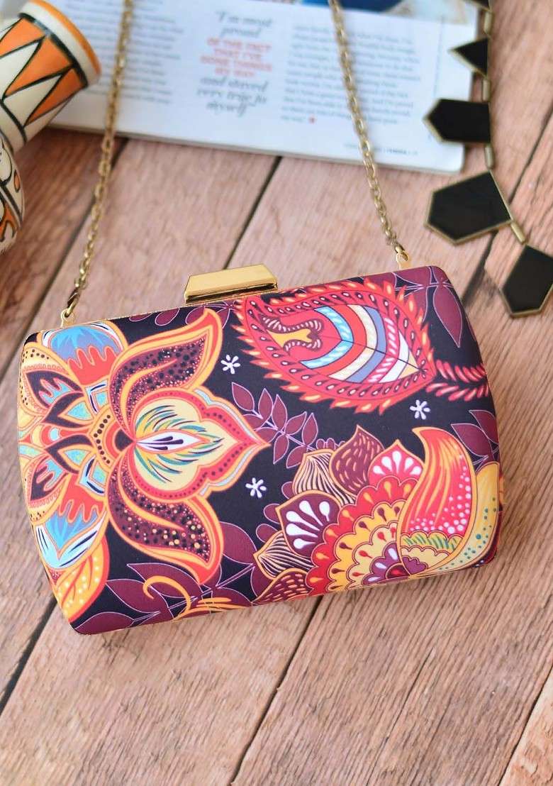 Burgundy Fabric Burgundy Printed Box Clutch - Indya