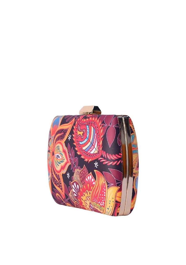 Burgundy Fabric Burgundy Printed Box Clutch - Indya