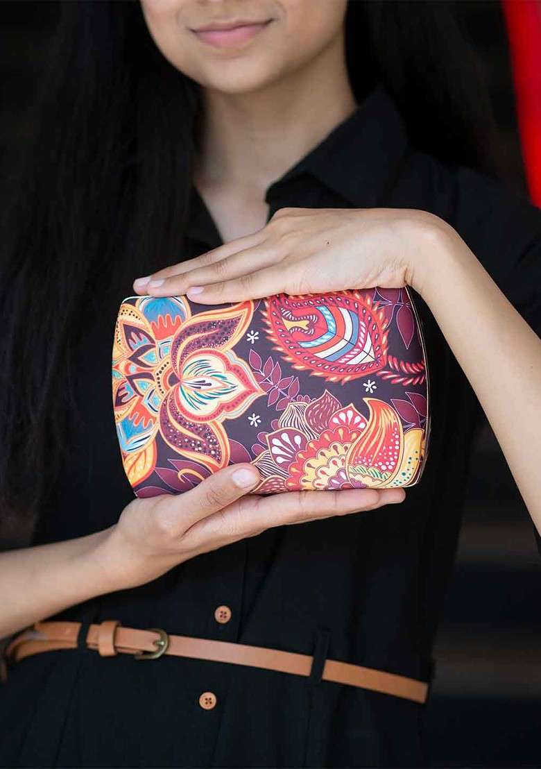 Burgundy Fabric Burgundy Printed Box Clutch - Indya