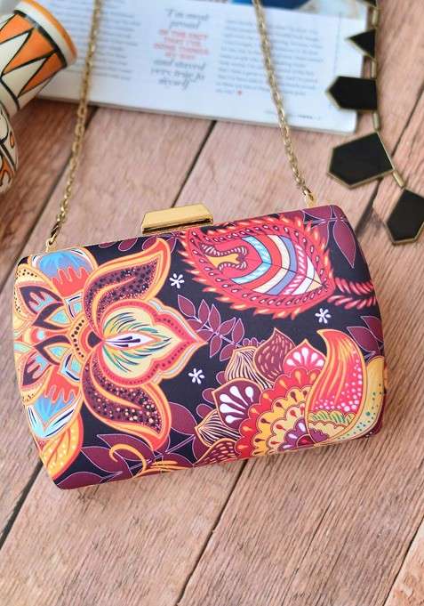 Burgundy Fabric Burgundy Printed Box Clutch