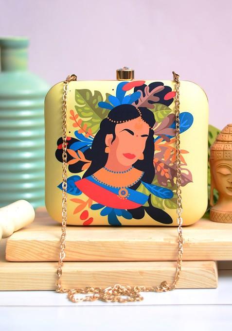 Yellow Fabric Yellow And Blue Printed Box Clutch