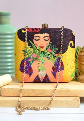 Yellow Fabric Yellow And Blue Floral Printed Box Clutch