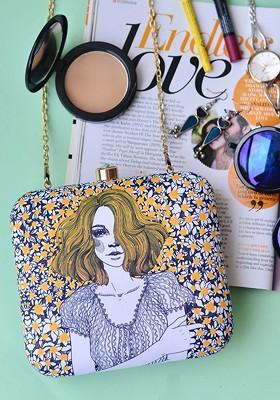 White Fabric White And Yellow Printed Box Clutch