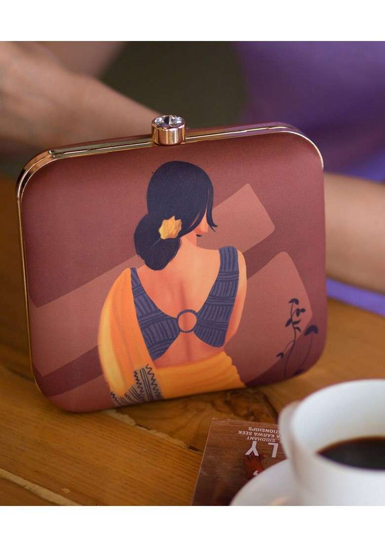 Brown Fabric Women Brown And Orange Printed Clutch - Indya