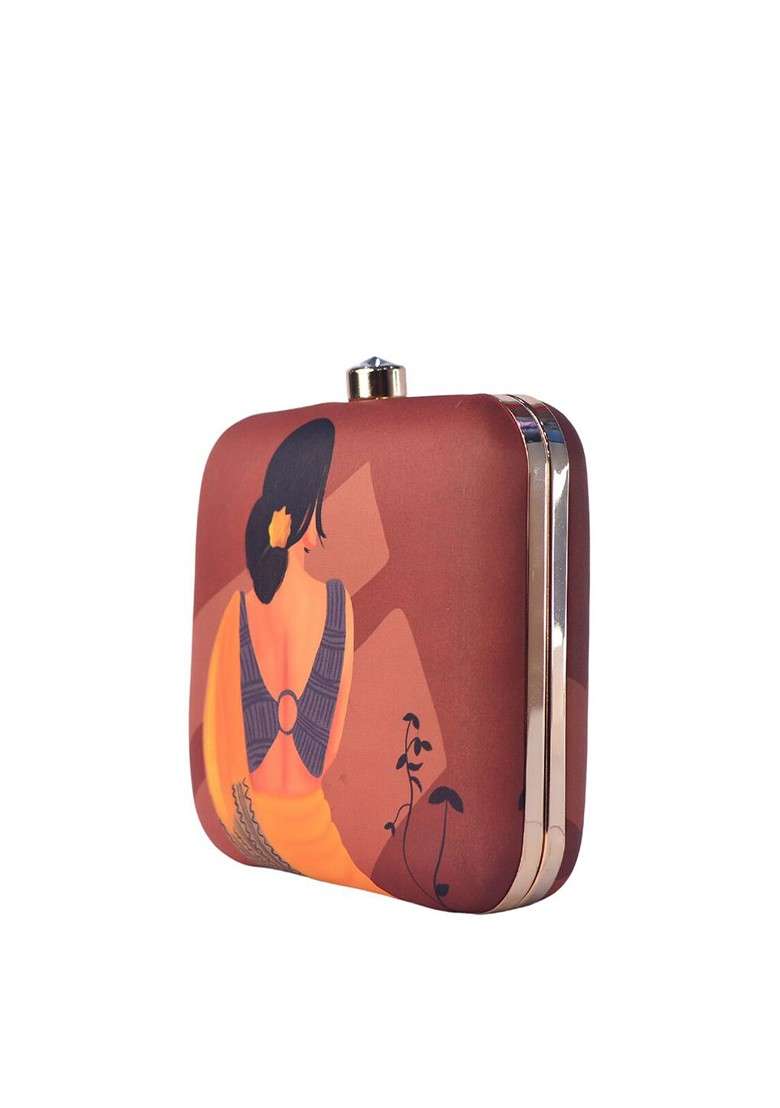 Brown Fabric Women Brown And Orange Printed Clutch - Indya
