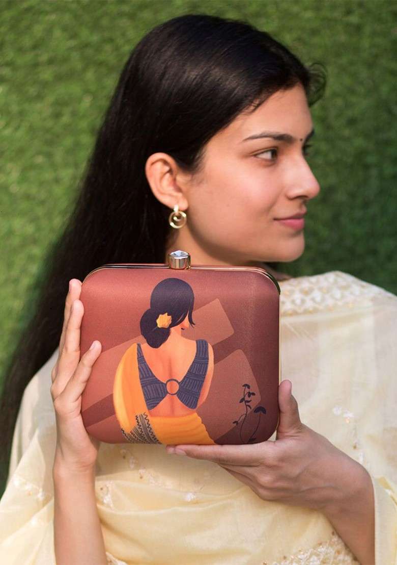 Brown Fabric Women Brown And Orange Printed Clutch - Indya