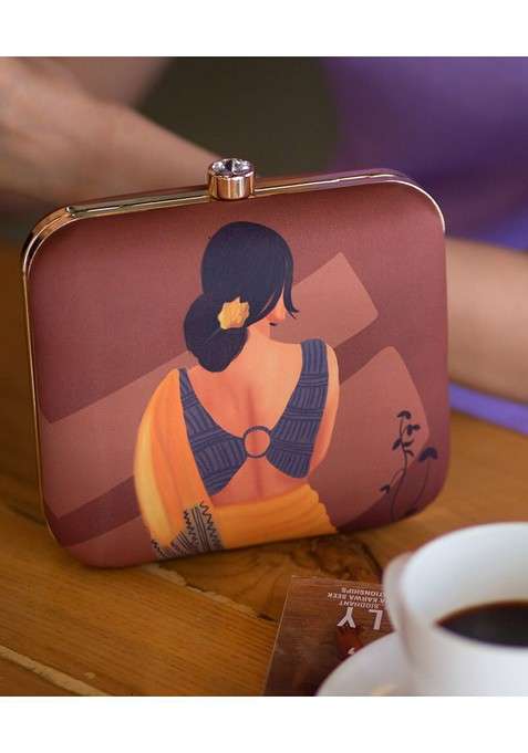 Brown Fabric Women Brown And Orange Printed Clutch