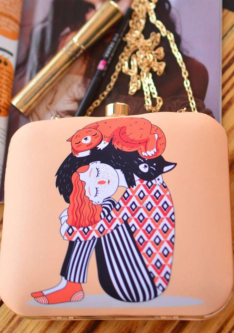Peach Fabric Peach Coloured And White Printed Box Clutch - Indya