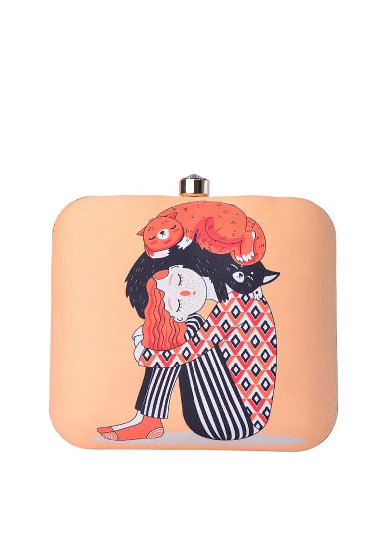 Peach Fabric Peach Coloured And White Printed Box Clutch - Indya