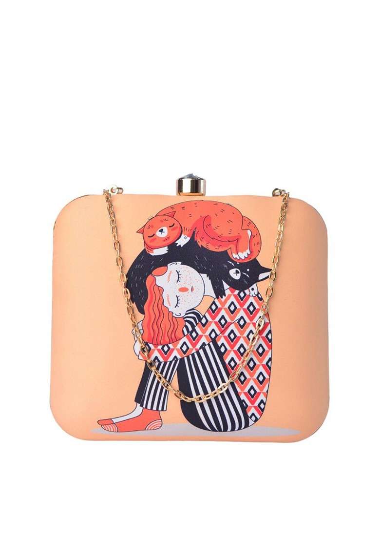 Peach Fabric Peach Coloured And White Printed Box Clutch - Indya