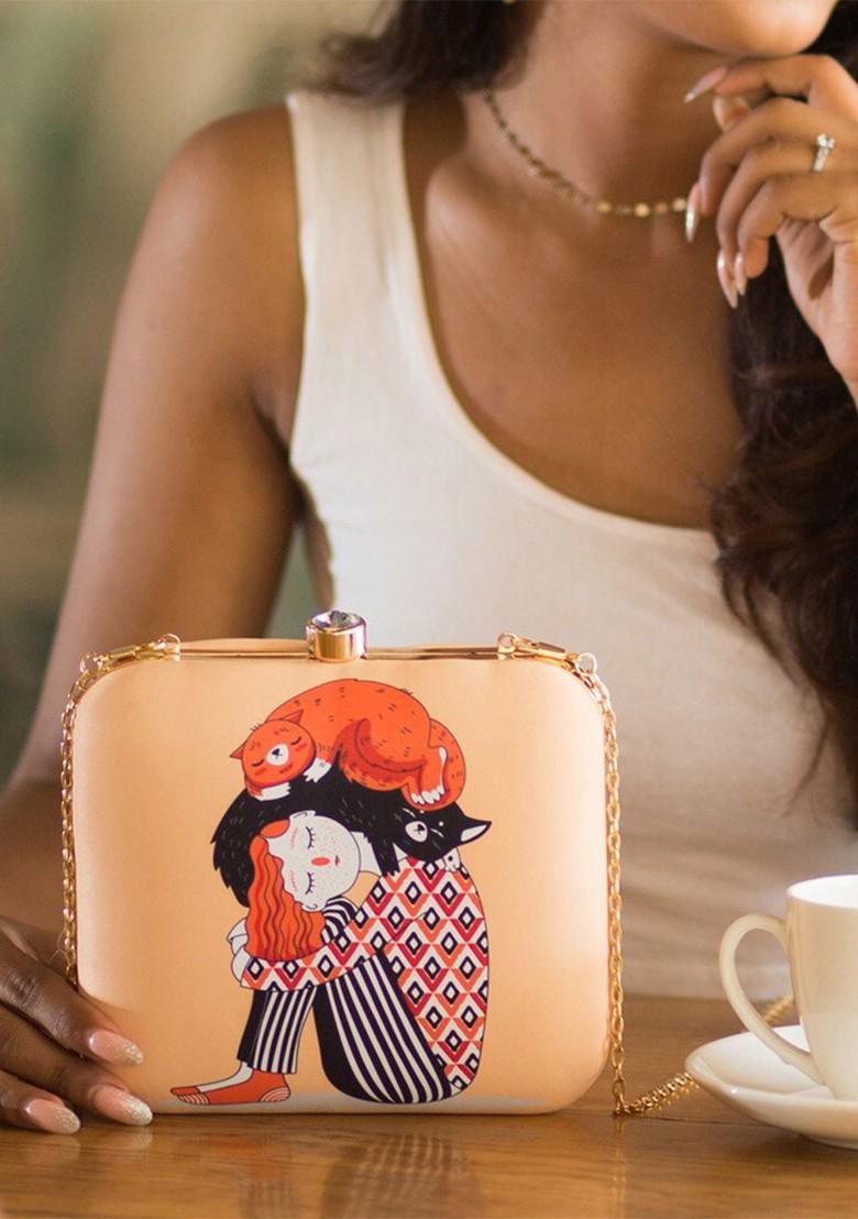 Peach Fabric Peach Coloured And White Printed Box Clutch - Indya