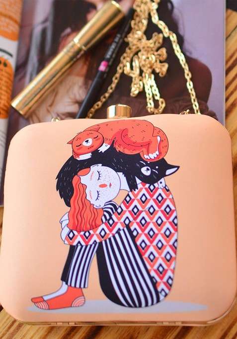 Peach Fabric Peach Coloured And White Printed Box Clutch