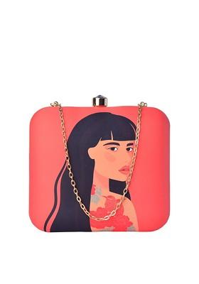 Orange Fabric Women Orange Printed Box Clutch