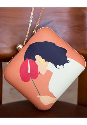 Orange Fabric Orange And Cream Coloured Printed Box Clutch