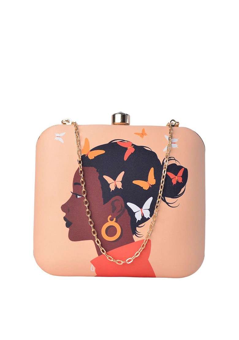 Peach Fabric Women Peach Butterfly Printed Clutch - Indya
