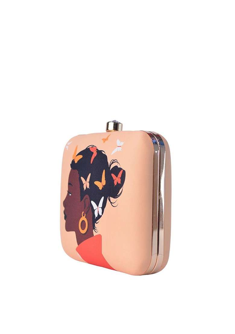Peach Fabric Women Peach Butterfly Printed Clutch - Indya