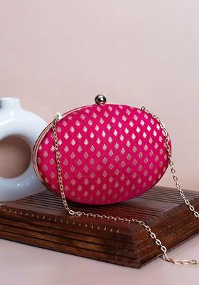 Pink Satin Floral Self Design Brocade Oval Box Clutch