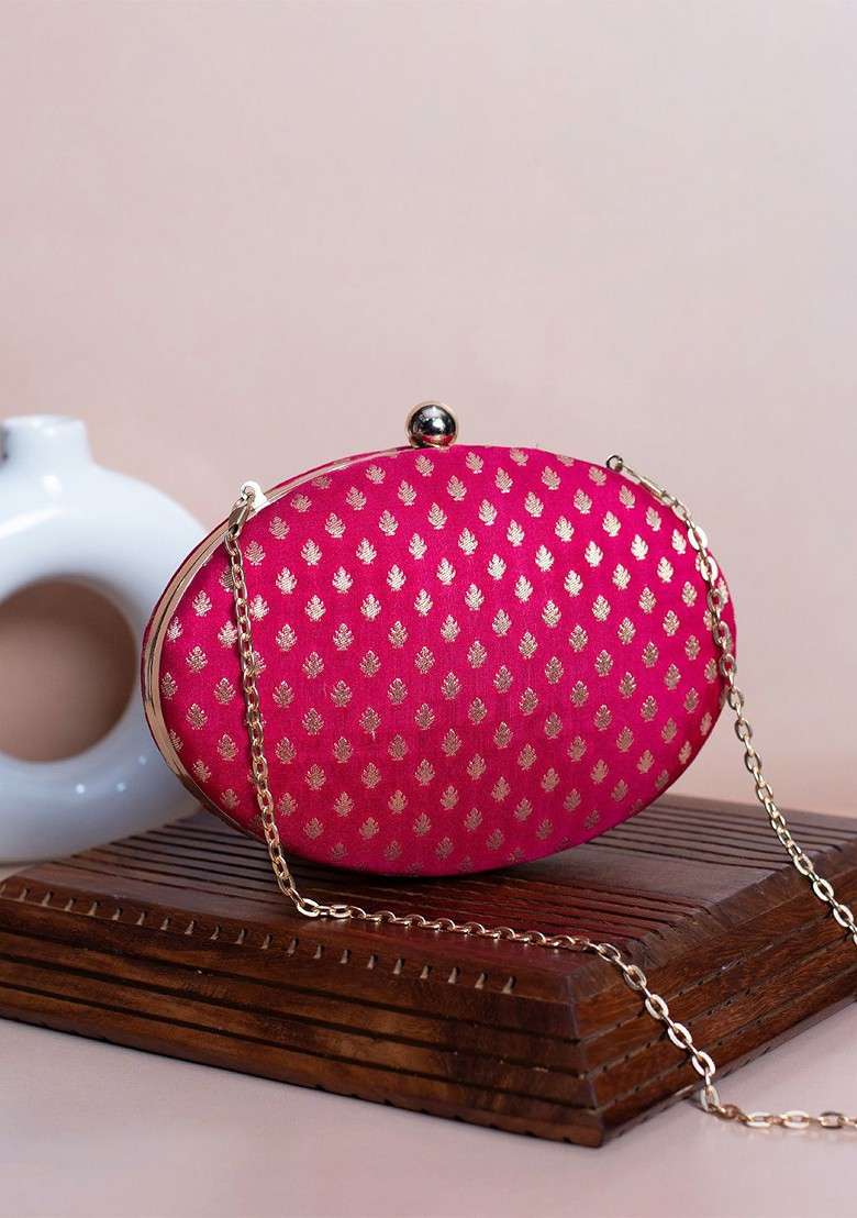 Pink Satin Floral Self Design Brocade Oval Box Clutch - Indya