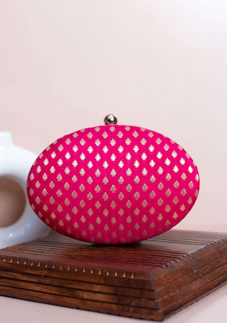 Pink Satin Floral Self Design Brocade Oval Box Clutch - Indya