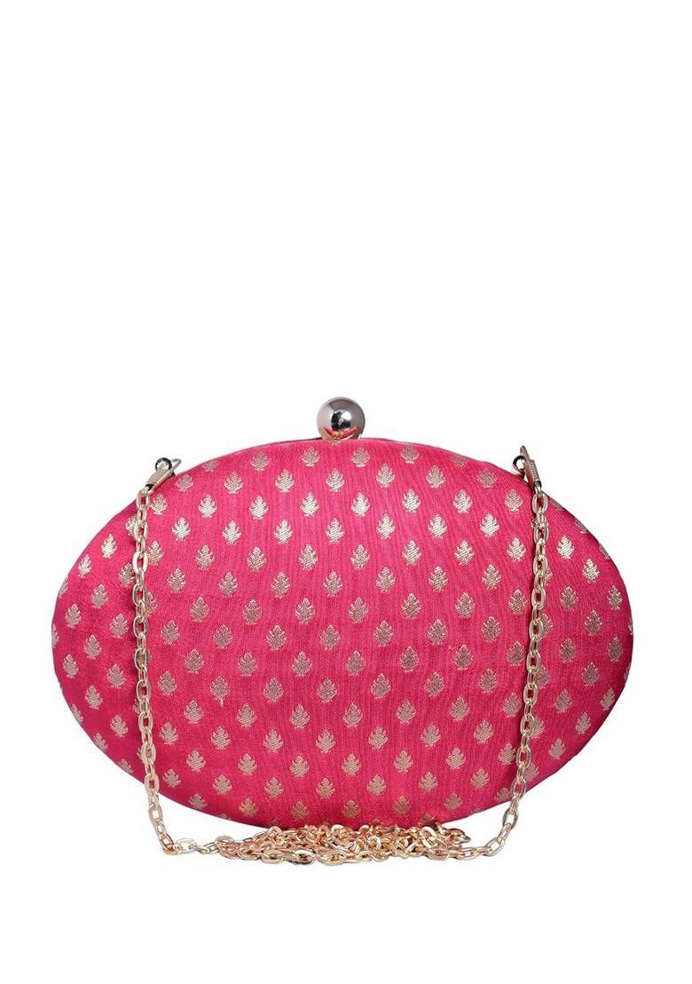Pink Satin Floral Self Design Brocade Oval Box Clutch