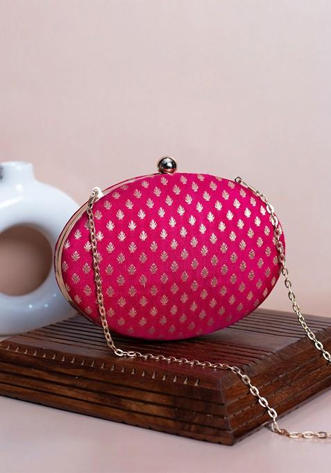 Pink Satin Floral Self Design Brocade Oval Box Clutch