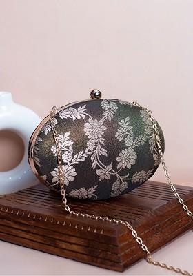 Black Satin Floral Self Design Brocade Oval Box Clutch
