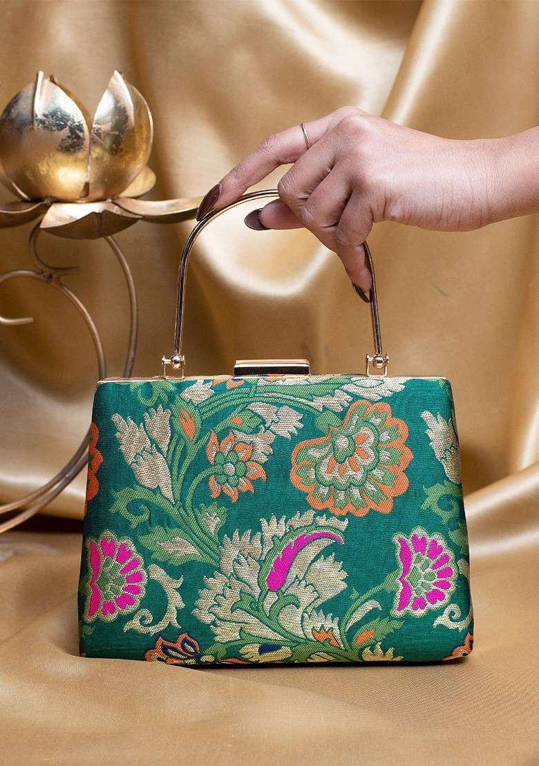 Green Satin Floral Embroidered Brocade Box Clutch - Indya