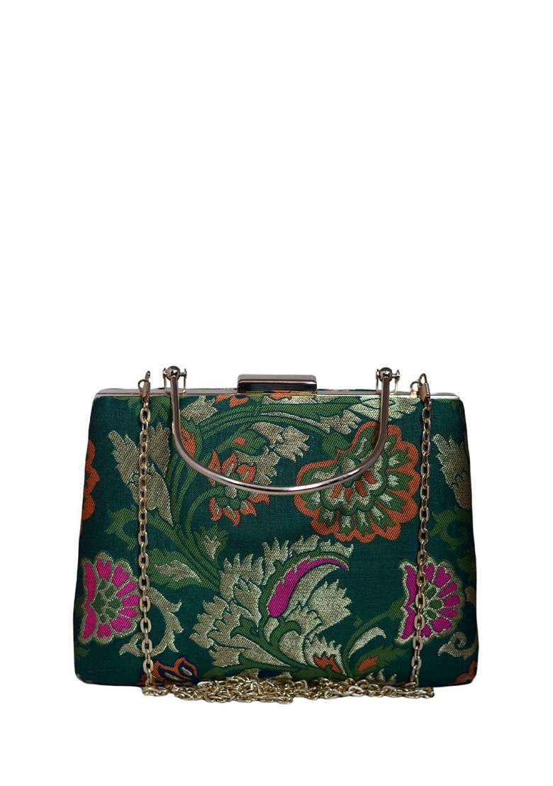 Green Satin Floral Embroidered Brocade Box Clutch - Indya