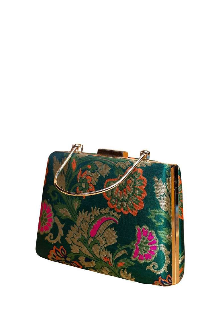 Green Satin Floral Embroidered Brocade Box Clutch - Indya