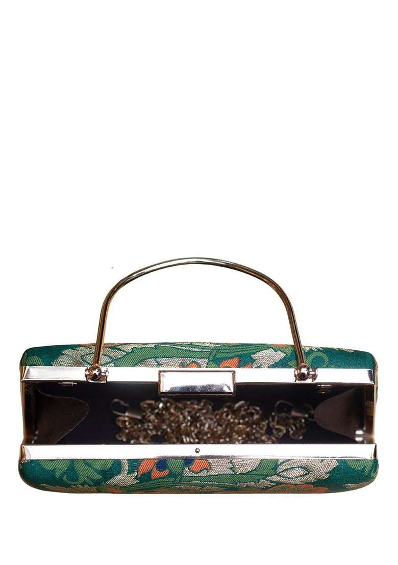 Green Satin Floral Embroidered Brocade Box Clutch - Indya