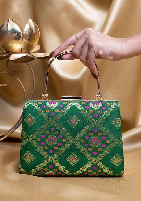 Green Satin Floral Embroidered Brocade Box Clutch