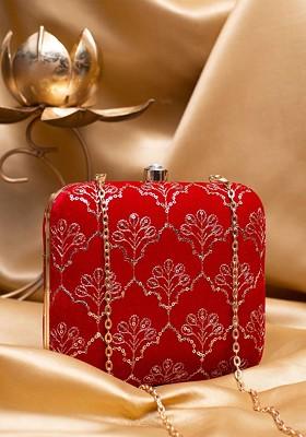 Red Satin Gold Toned Sequins Embroidered Box Clutch With Sling Chain