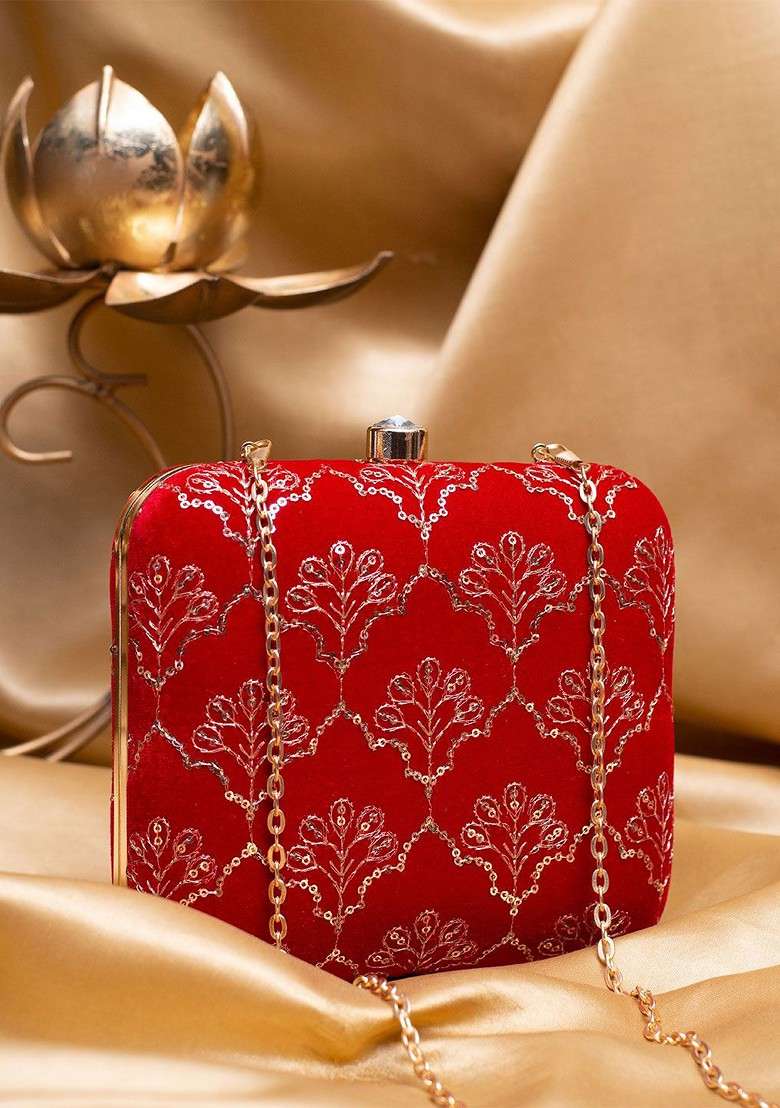 Red Satin Gold Toned Sequins Embroidered Box Clutch With Sling Chain - Indya