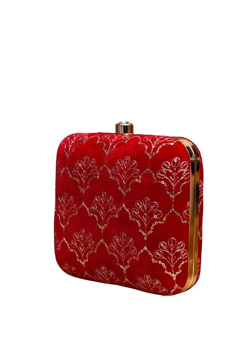 Red Satin Gold Toned Sequins Embroidered Box Clutch With Sling Chain - Indya