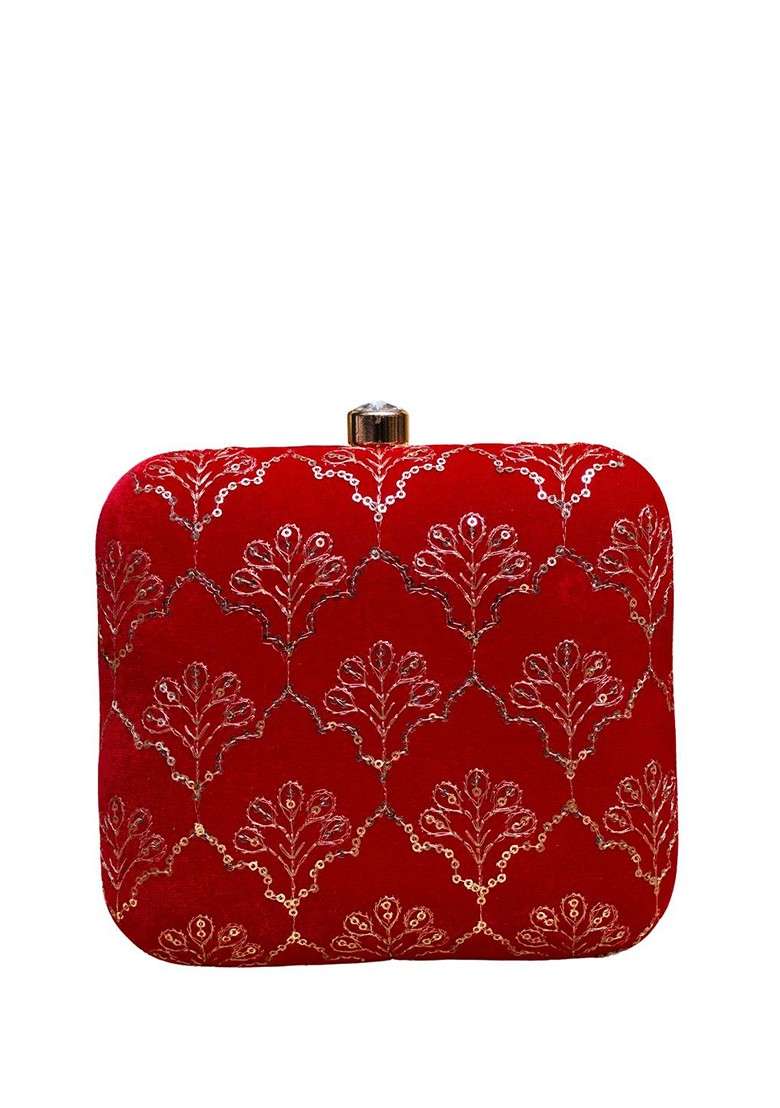 Red Satin Gold Toned Sequins Embroidered Box Clutch With Sling Chain - Indya