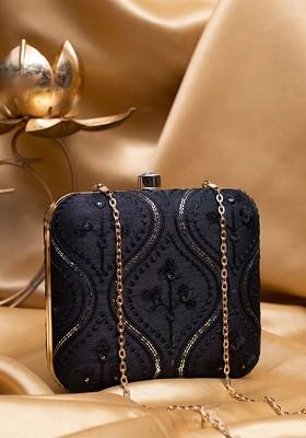 Black Satin Sequins Embroidered Box Clutch With Sling Chain