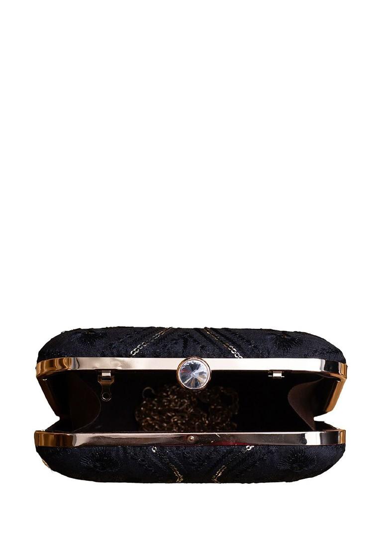 Black Satin Sequins Embroidered Box Clutch With Sling Chain - Indya