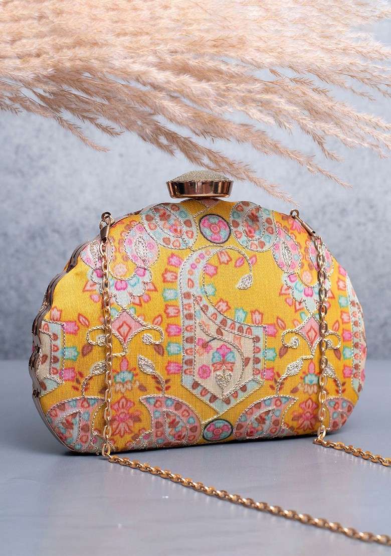 Yellow Satin Ethnic Motifs Zari Embroidered Embellished Box Clutch - Indya