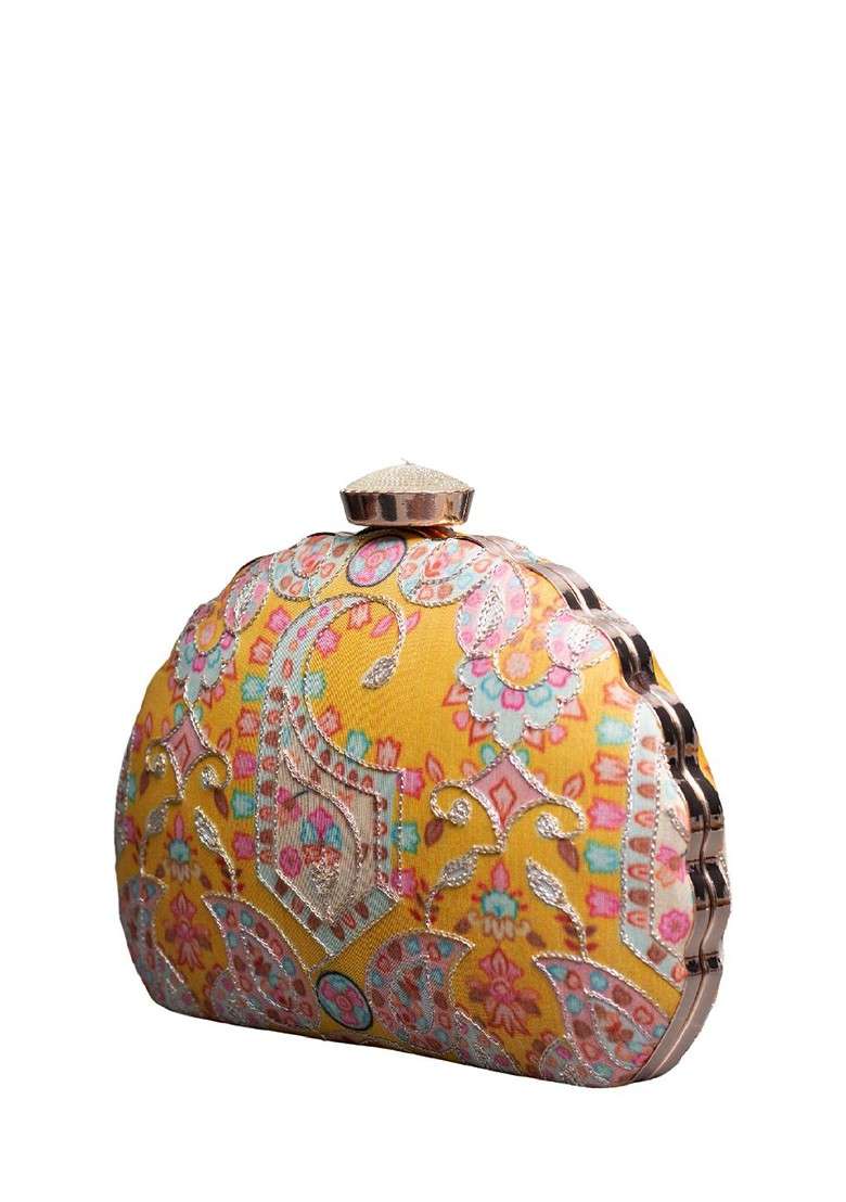 Yellow Satin Ethnic Motifs Zari Embroidered Embellished Box Clutch - Indya
