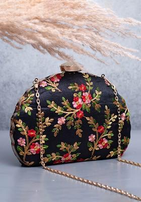 Black Satin Floral Embroidered Box Clutch